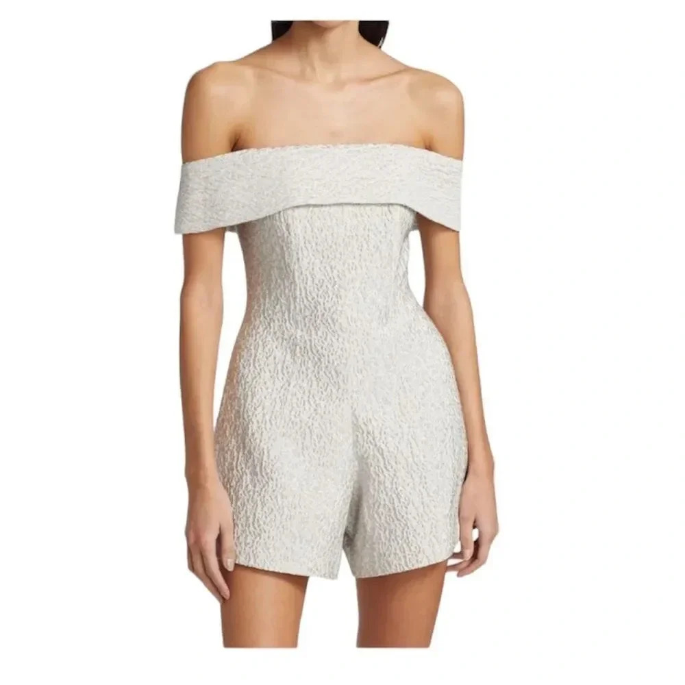 Jonathan‎ Simkhai Gray Silver Valerie Off the Shoulder Jacquard Romper XS